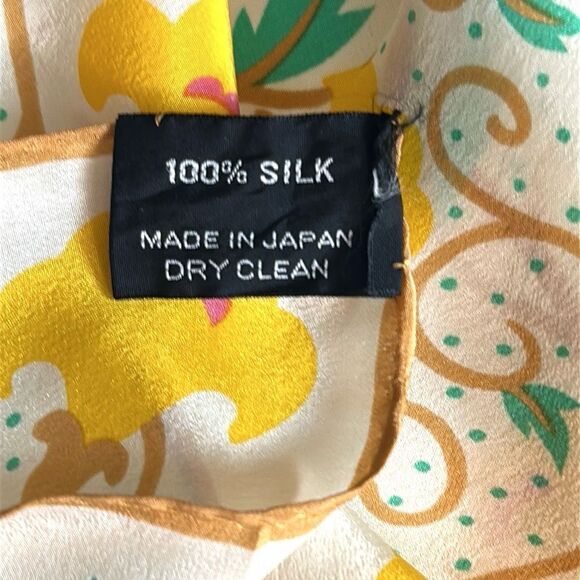 Vintage Ray Strauss Silk Scarf Ivory Floral Green Yellow Tan 35x35” Japan - Picture 9 of 10